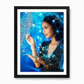 Abstract Digital Painting Featuring A Businesswoman Fingertip Touching A Screen Displaying An Intri Art Print