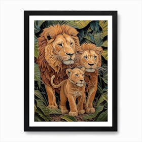 African Lion Relief Illustration Family 1 Art Print