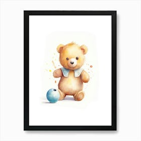 Bowling Teddy Bear Painting Watercolour 4 Art Print