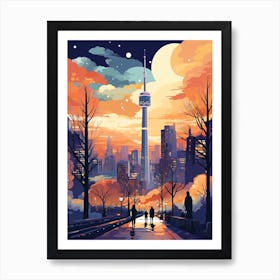 Winter Travel Night Illustration Seoul South Korea 2 Art Print