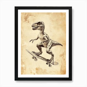 Vintage Sinornithosaurus Dinosaur On A Skateboard 1 Art Print