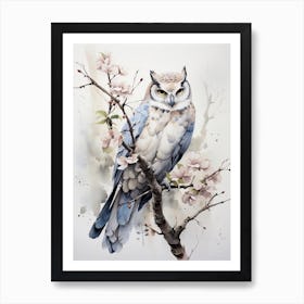 Owl, Japanese Brush Painting, Ukiyo E, Minimal 3 Art Print