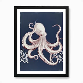 Navy Blue & Maroon Detailed Octopus 5 Art Print