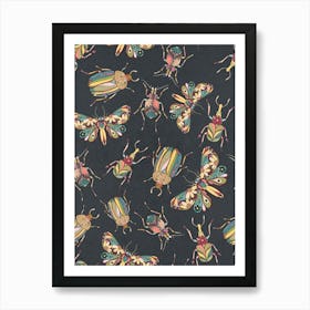 Floral Doodle Bug Butterfly pattern on black Art Print