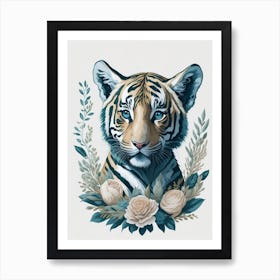 Cute Floral Baby Tiger Painting (10) Art Print