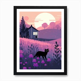 A Black Cat In A Lavender Field 2 Art Print