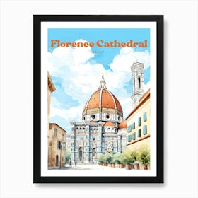 Florence Cathedral Italy Watercolor Painting Modern Travel Illustration Art Print