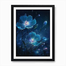 Blue glowing flowers: stars in the dark night 1 Art Print