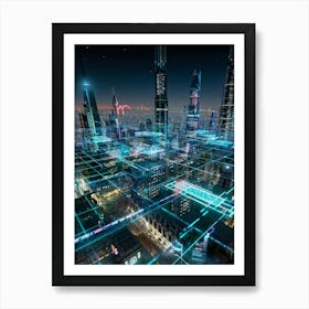 A Futuristic Cityscape Interconnected By Glowing Cyber Security Mesh Networks Represented By Pulsat (2) Art Print