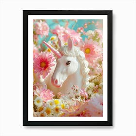 Toy Unicorn Surrounded By Flowers 2 Art Print