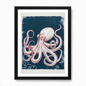 Retro Red Navy Octopus Linocut Style 7 Art Print