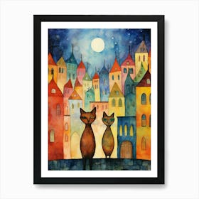 Abstract Cats In Front Of A Medieval Town In The Moonlight Art Print