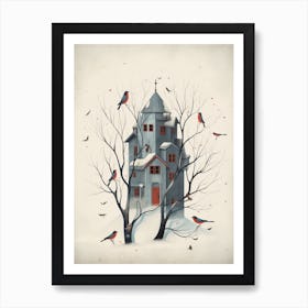 Bird House Winter Snow Illustration 3 Art Print