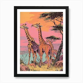 Pink Giraffe Sunset Illustration Art Print