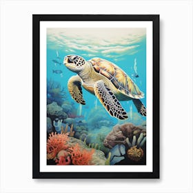 Sea Turtle In The Ocean Linograph Illustration 7 Art Print