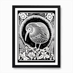 B&W Bird Linocut Kiwi 2 Art Print