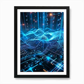 Abstract Cyber Security Theme With Geometric Dots And Lines Forming A Network Like Grid Blue And N (1) Art Print