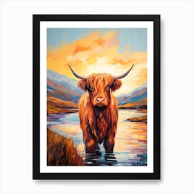 Impressionism Style Painting Of A Highland Cattle In The River 3 Art Print