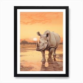 Rhino In The Sunset Realistic Illustration 2 Art Print