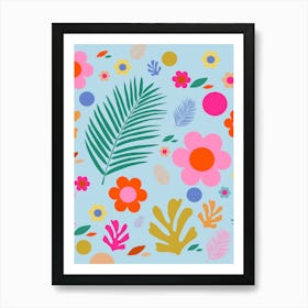 Flowers And Leaves | 03 - Pink And Blue Floral Art Print