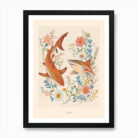 Folksy Floral Animal Drawing Shark 3 Poster Art Print