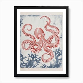 Red & Blue Octopus Retro Linocut Inspired 5 Art Print