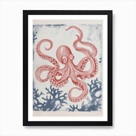 Red & Blue Octopus Retro Linocut Inspired 5 Affiche