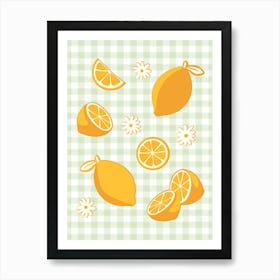 Lemons on Pastel Sage Green Gingham Art Print