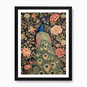 Vintage Peacock Wallpaper With Vibrant Flowers  4 Art Print