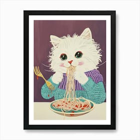 White Cat Pasta Lover Folk Illustration 3 Art Print