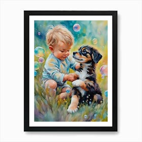 Little Boy And Puppy Ai Art Print