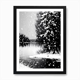 Snowflakes Falling By A Lake, Snowflakes, Black & White 3 Art Print