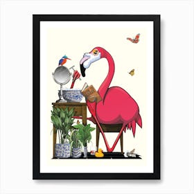 Flamingo Shaving his Face in Bathroom Art Print