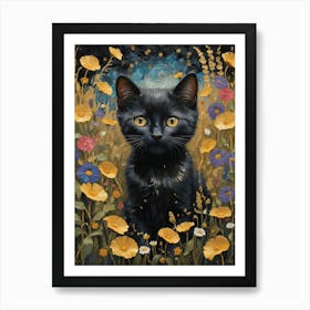 Klimt Style Black Kitten Cat in English Garden Wild Flowers Gold Leaf Painting - Gustav Klimt Monet Waterlillies HD High Resolution Poppies 3 Art Print