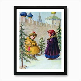 Boy And Girl With Christmas Trees Under Kremlin Walls, Russian Vintage Holiday Poster Art Print