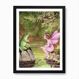 The Fairy and the Frog - Ida Rentoul Outhwaite - Antique Vintage 1919 - Green Cottagecore Witchcore Frogs Pink Fairies at Lilypond Dreamy Fairycore Art Print