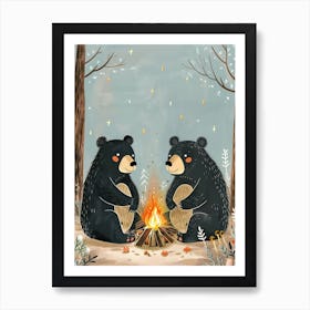 American Black Bear Two Bears Sitting Together Storybook Illustration 2 Art Print