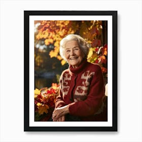 Elderly Woman Smiles Surrounded By A Vibrant Array Of Fall Foliage Golden And Crimson Leaves Frame (3) Art Print