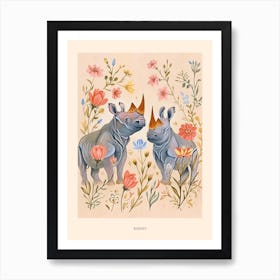 Folksy Floral Animal Drawing Rhino 3 Poster Art Print