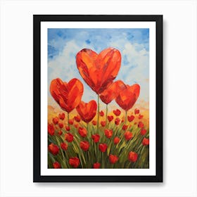Red Heart Flowers Oil Painting Valentine Gift Art Print