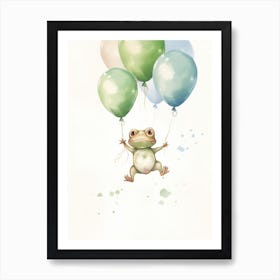 Baby Frog Flying With Ballons, Watercolour Nursery Art 2 Art Print