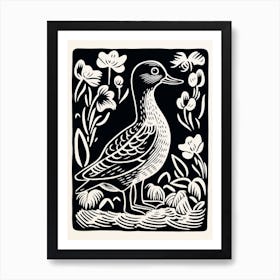 B&W Bird Linocut Duck 1 Art Print