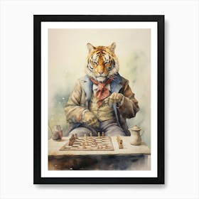 Tiger Illustration Playing Chess Watercolour 1 Art Print