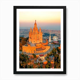 Aerial View Of Sagrat Cor Church On Top Of Tibidabo Mountain At Sunset, Barcelona, Catalonia, Spain Art Print