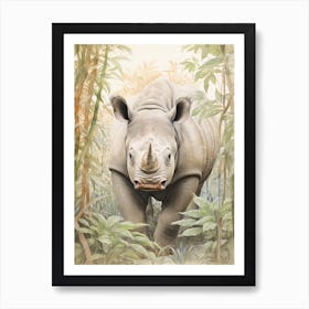 Vintage Illustration Of A Rhino Walking Through The Leaves 2 Art Print