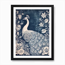 Peacock Folk Floral Linocut Inspired 3 Art Print