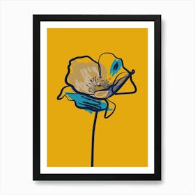 Poppy Flower Minimal Line Art Mustard Art Print