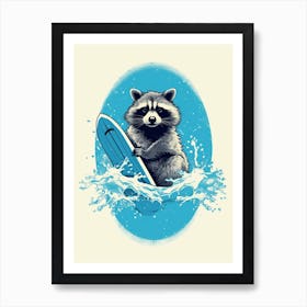 Raccoon Surfing Illustration Blue 2 Art Print