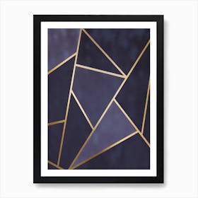 Dark And Lighter Blue Abstract Shapes With Gold Trim Art Print