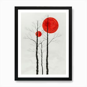 Three Trees With Red Sun Art Print